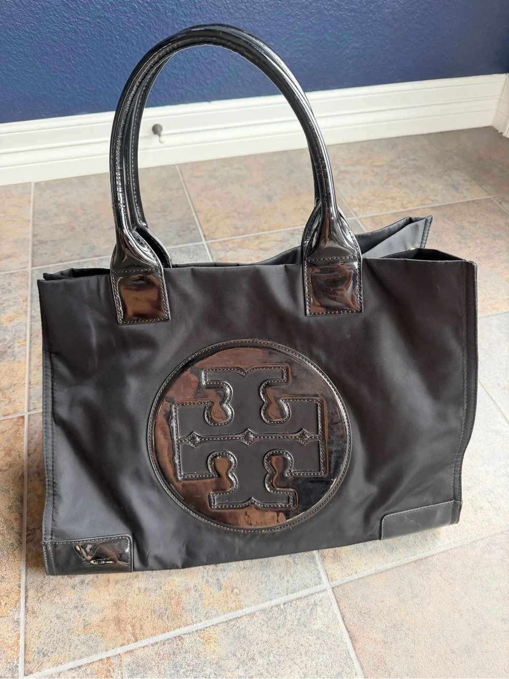 Tory Burch Black Nylon Ella Tote Bag with Patent Leather Logo
